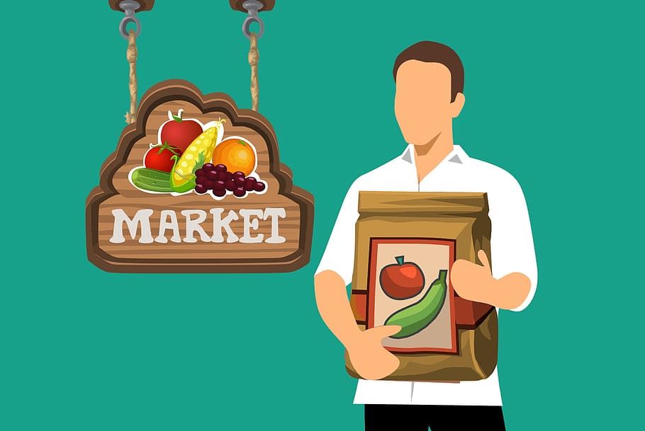illustration, man shopping, fresh, food, market., grocery, man, bag, holding, shopping