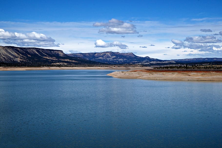 new, mexico, el vado lake, blue, skies., scattered, clouds, seen, distance., chama