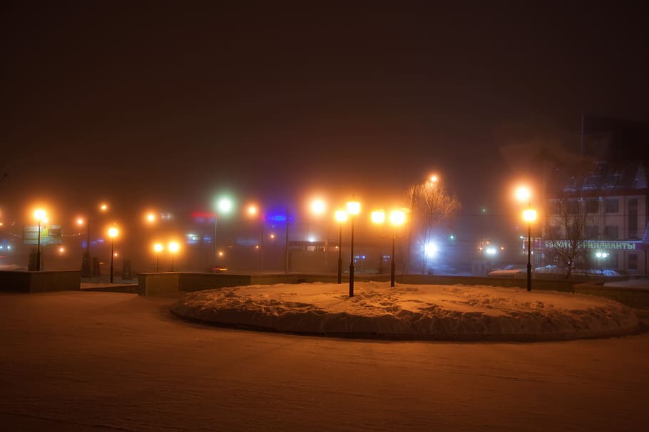 blizzard, bokeh, glow, lamps, lamp, lane, light, night, park, ufa