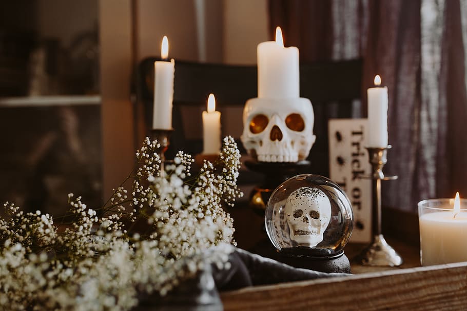 decoraciones de halloween, y, velas, otoño, calavera, halloween, horror, octubre, espeluznante, decorar