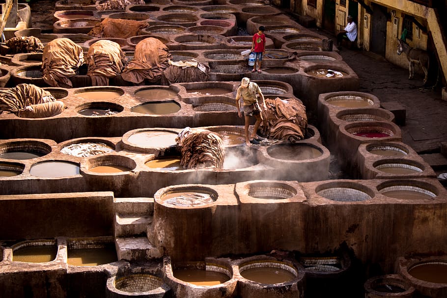 morocco, the tannery, skin, fez, color, colorful, trip, artisans, ancient, large group of objects