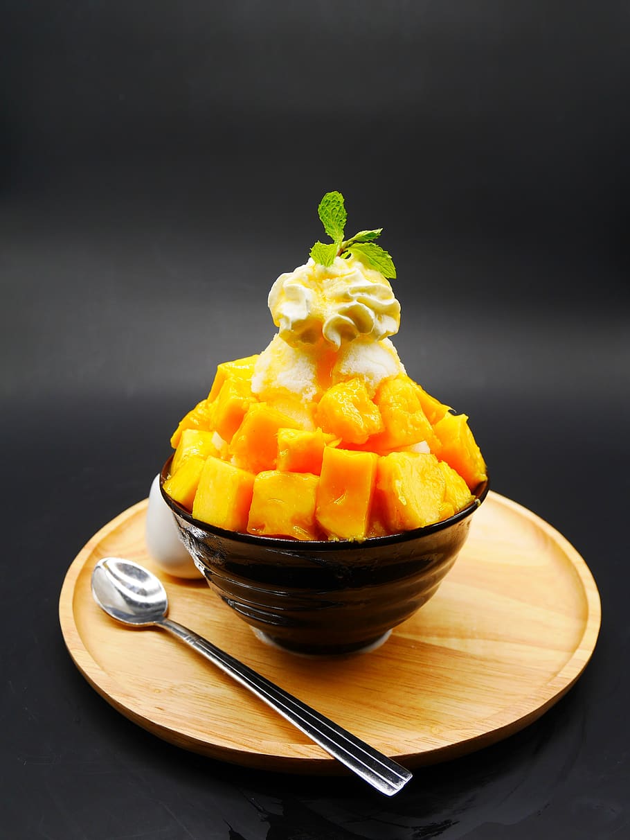 bingsu, menu, mango, food and drink, food, kitchen utensil, freshness, sweet food, ready-to-eat, sweet