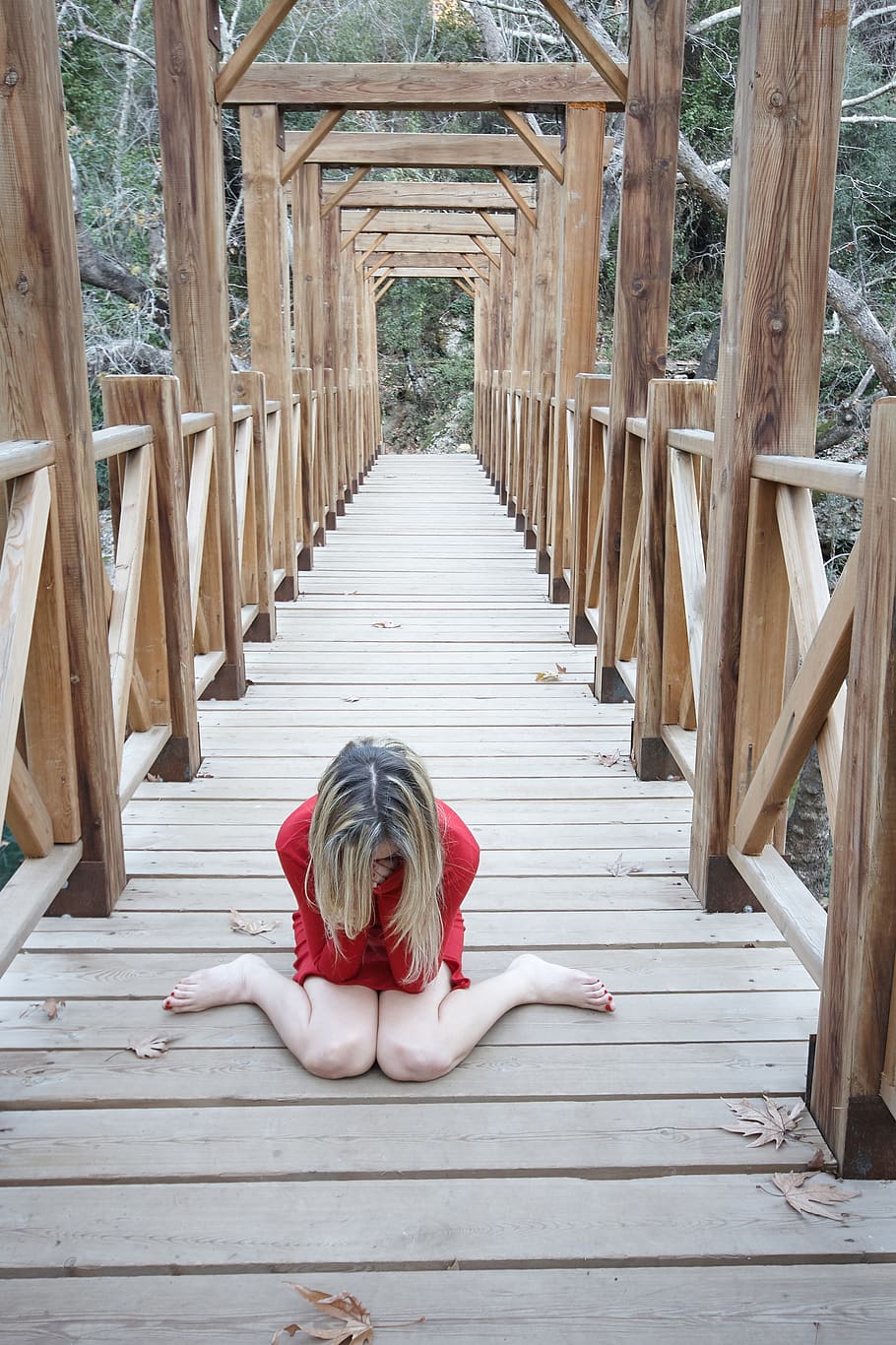 red, woman, bridge, cliff, suicide, cry, loneliness, depression, hair, sit