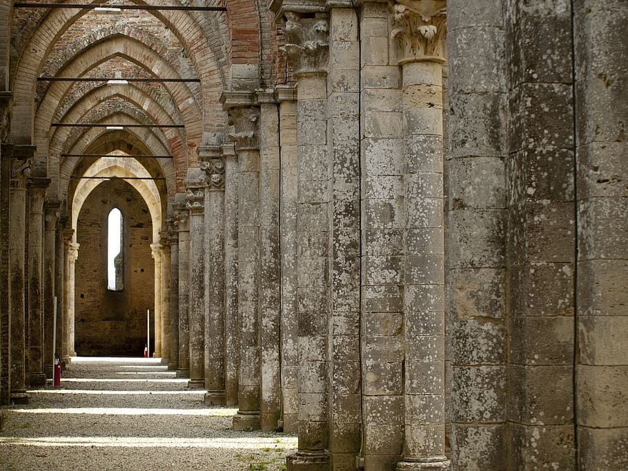 abbey, san galgano, tuscany, ruin, columnar, light, shadow, gothic, escape, stone