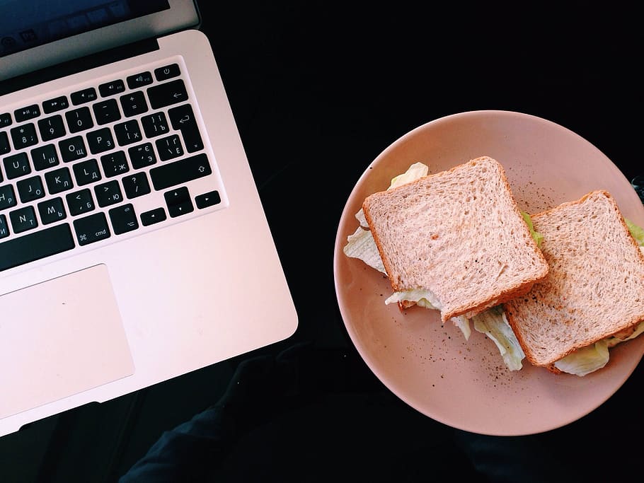 Macbook, almuerzo, sandwich, comida, plato, computadora, computadora portátil, tecnología, negocios, pan