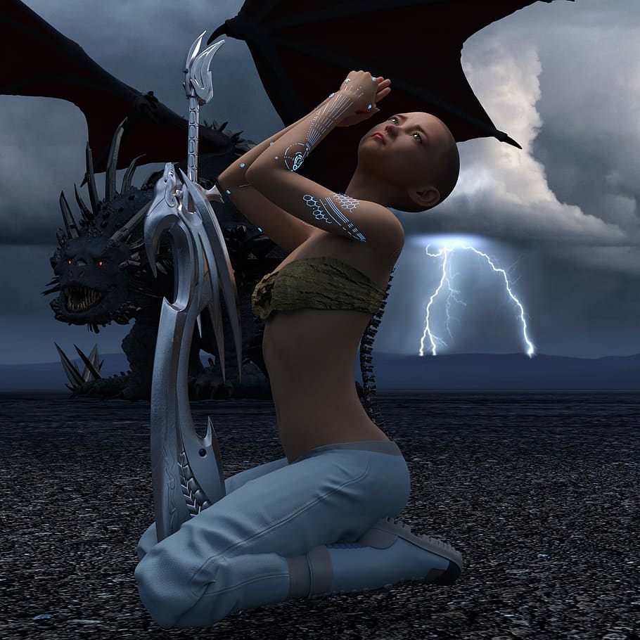 dragon, sword, woman, fatasy, flash, thunder, storm, epic, middle ages, fantasy