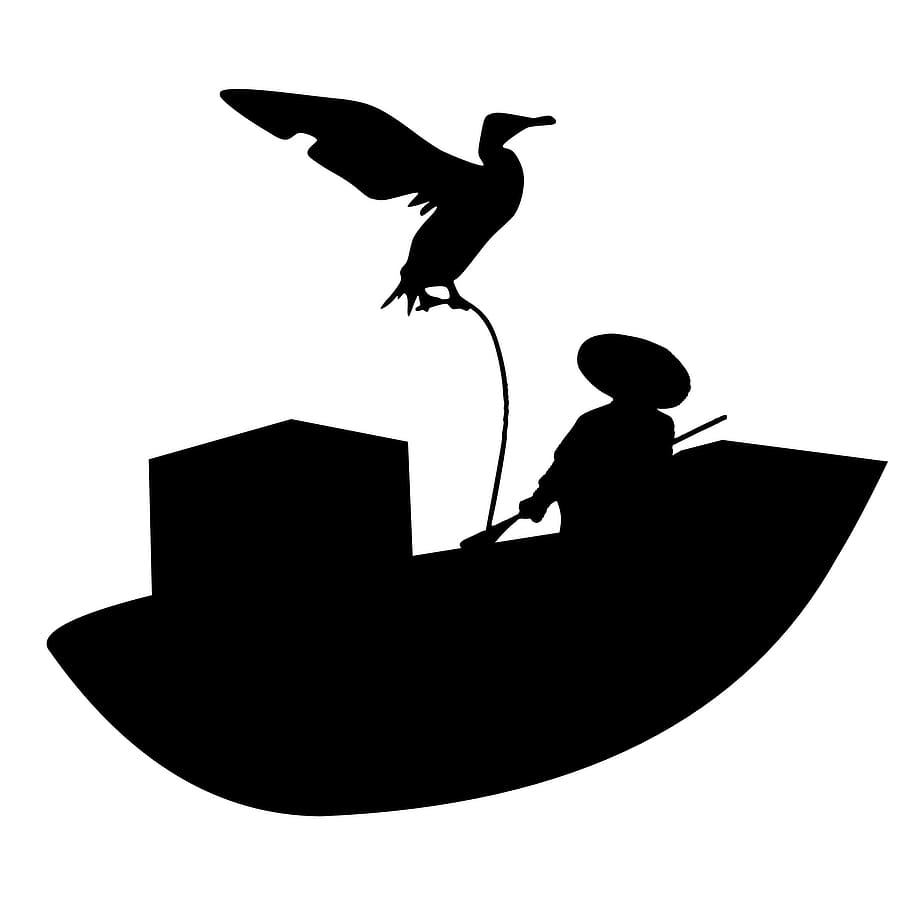 silhueta, pescador, barco, pássaro., pesca, tradicional, chinês, pássaro, sozinho, cultural