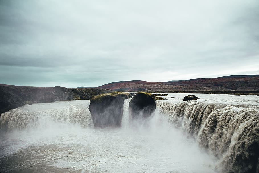 rapids, forming, river, becoming, shallower, mountains, iceland, Clouds, Cold, Flowing