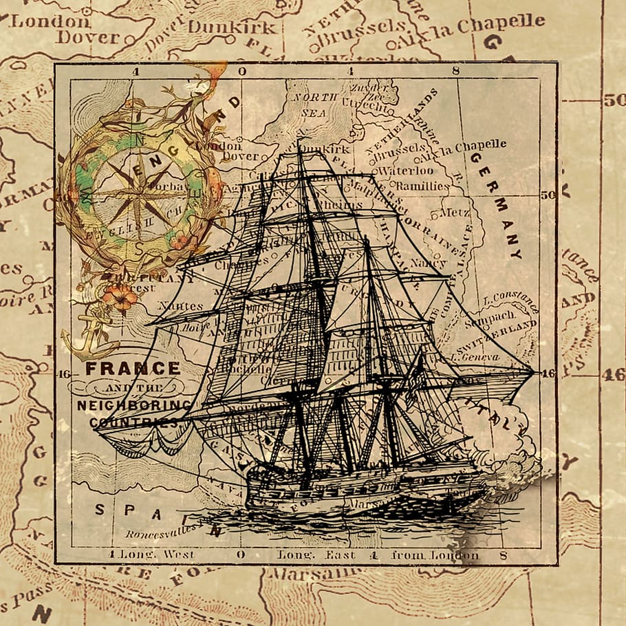 ship, map, paper, direction, journey, route, antique, old, the past, history