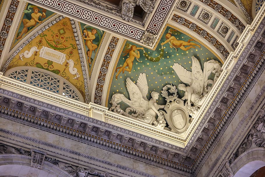 ornate, corner, ceiling, library, congress., architectural, architecture, beautiful, blue, capital