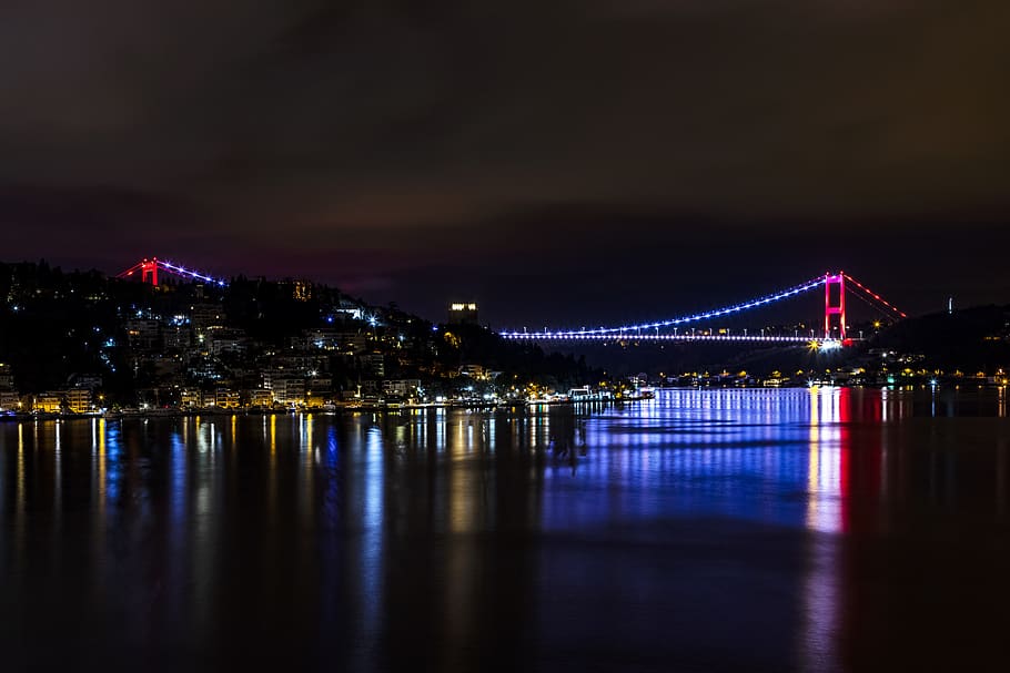 noite, bósforo, turquia, istambul, ponte, mar, reflexão, cores, 2018, dezembro