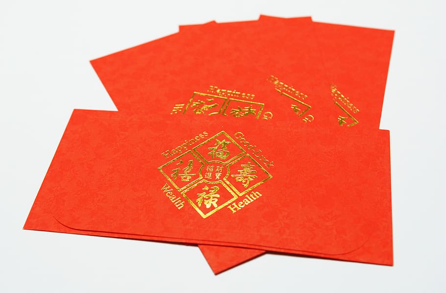 rojo, año nuevo, año nuevo chino, sobre rojo, papel, escritura no occidental, recorte, fondo blanco, primer plano, texto