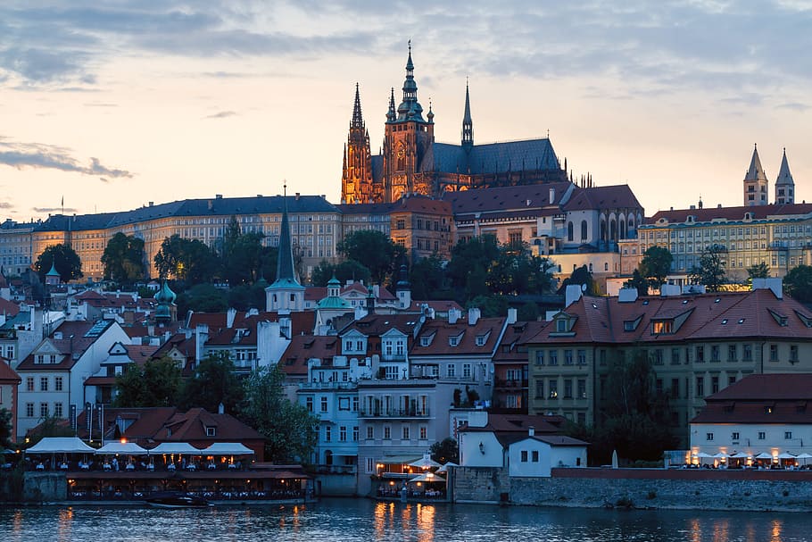 bersejarah, kota, Praha, malam musim panas, eksterior bangunan, arsitektur, struktur yang dibangun, bangunan, langit, air