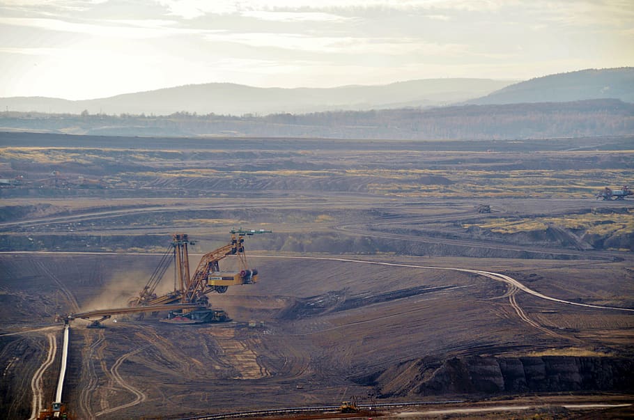 lignite, mine, mining, hard, machines, excavator, bucket, pan, industry, surface