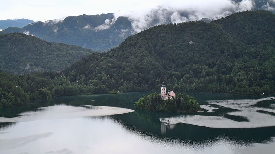 lago, sangrado, igreja, eslovênia, ilha, montanhas, nuvens, montanha, agua, plantar