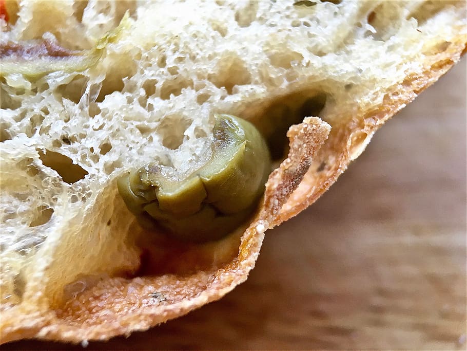 bread, bread roll, ciabatta roll, crumbs, close up, crust, dough, food, olive ciabatta roll, olives