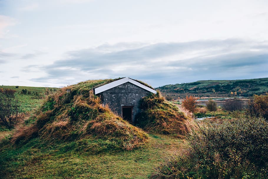 foliage, covered, hut, grassy, hill, iceland, architecture, clouds, farm, green