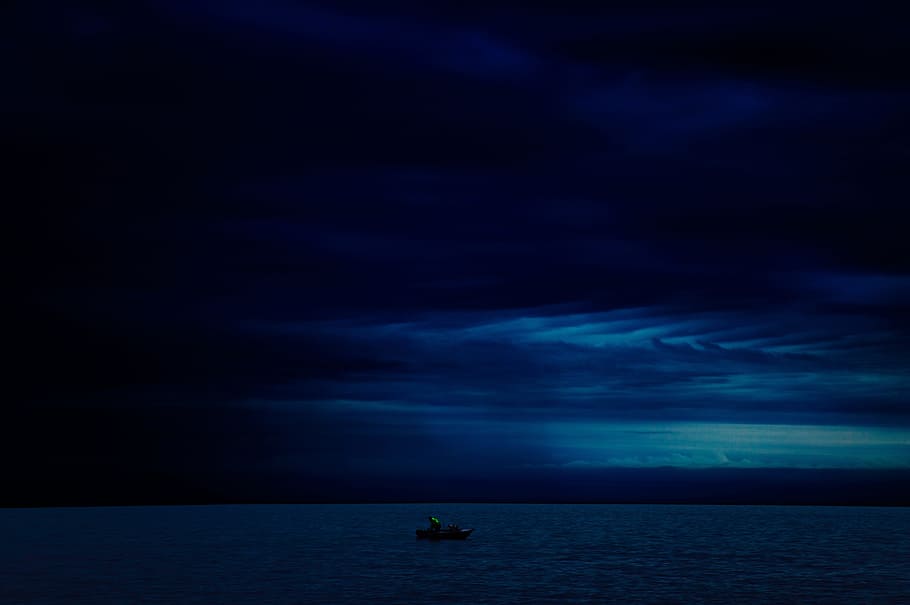 dark, night, sky, cloud, cloudy, nature, boat, ship, sea, water