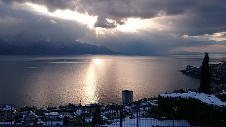 montreux, winter, lake, geneva, reflections, sky, clouds, snow, cloud - sky, water