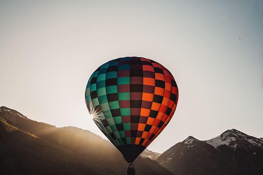 hot air balloon, sky, sunrise, sunlight, sunshine, adventure, ride, mountain, landscape, nature