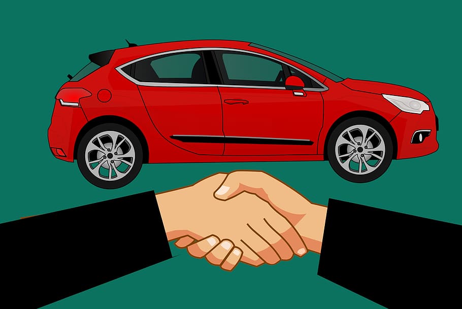 иллюстрация, соглашение, покупка товаров, новый, автомобиль., пожать руку, купить, автомобиль, сделка, автомобильный
