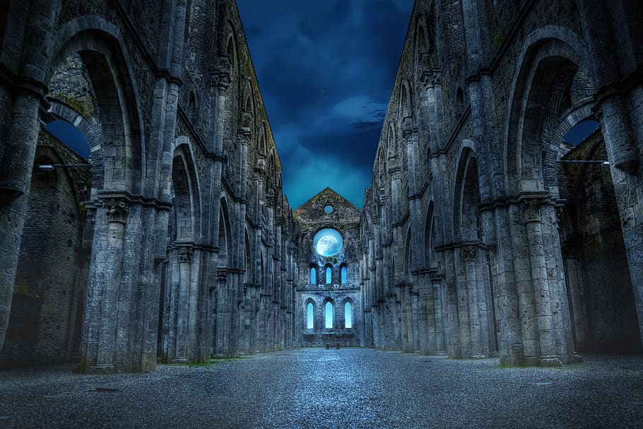fantasy, ruins, gothic, old, dark, light, moon, architecture, built structure, direction