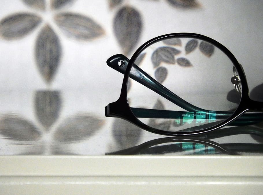 abstract, view, pair, black, rimmed, glasses, floral, pattern background, turquoise, light reflection