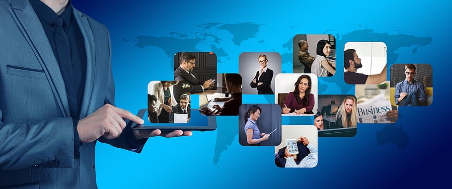 red, negocios, hombre, tableta, conexión, conectado, juntos, global, globalalisierung, grupo