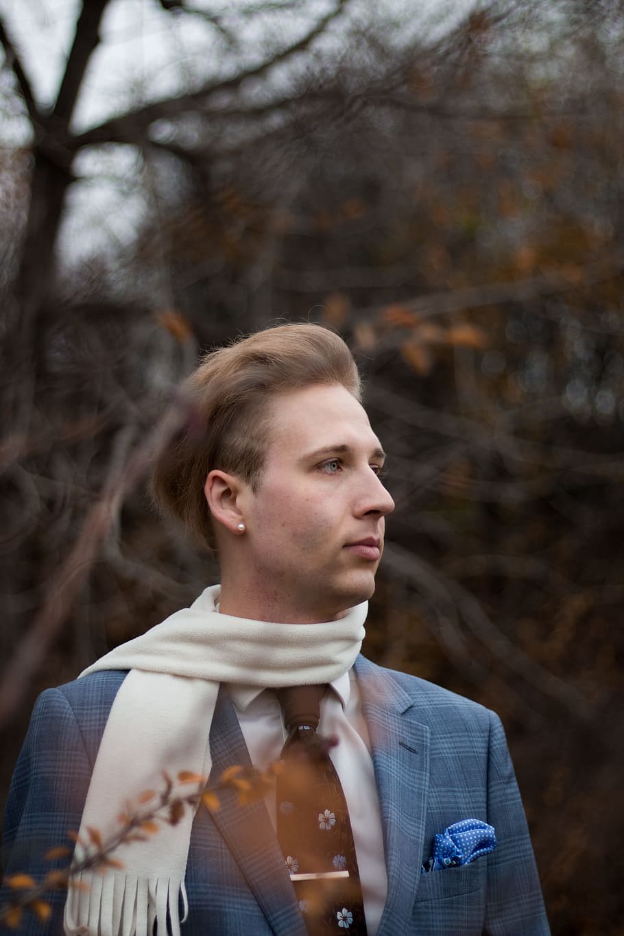 people, man, fashion, formal, scarf, nature, leaves, green, young adult, looking away
