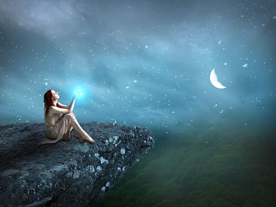 water, nature, night snowfall, fantasy, manipulation, photoshop, one person, leisure activity, sitting, beauty in nature