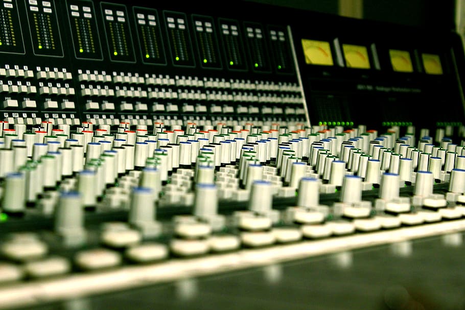 konsol, studio, musik, mixer, suara, siaran, pencampuran, audio, peralatan, campuran