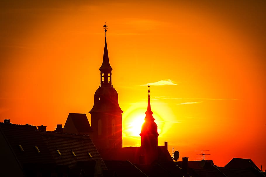 sunset, city, silhouette, architecture, dusk, skyline, twilight, downtown, historical, red