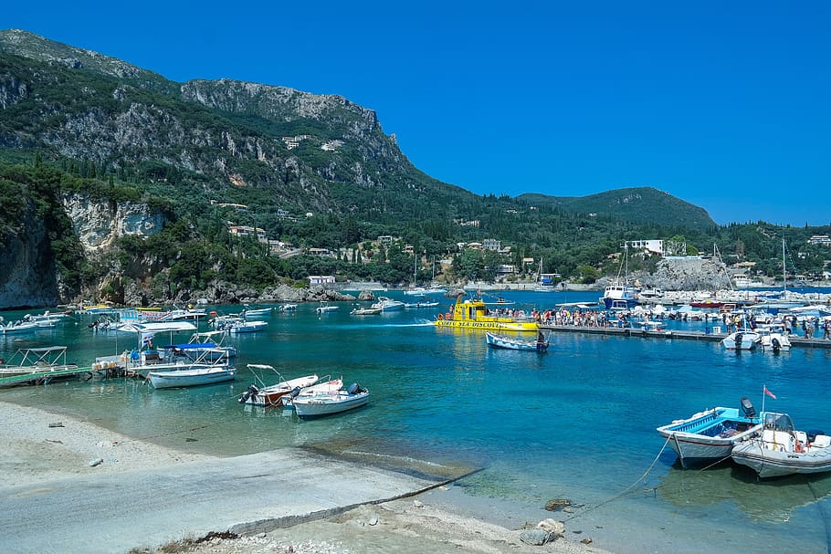 sea, water, bay, boats, excursion boats, boat harbour, marina, corfu, paleokastritsa, blue