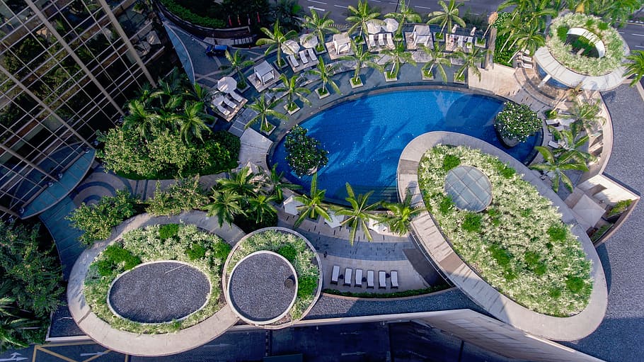 hotel, edificios, estructura, natacion, piscina, naturaleza, arboles, verde, arquitectura, vista de ángulo alto