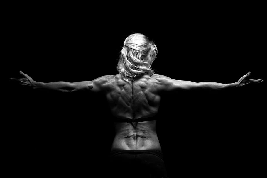 feminino, atlético, em forma, construção muscular, estilo de vida saudável, fundo preto, força, parte do corpo humano, adulto, exercício