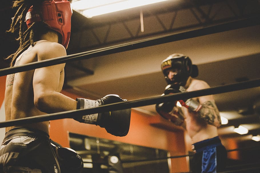 people, men, boxing, sport, game, fitness, exercise, fight, sparring, headgear