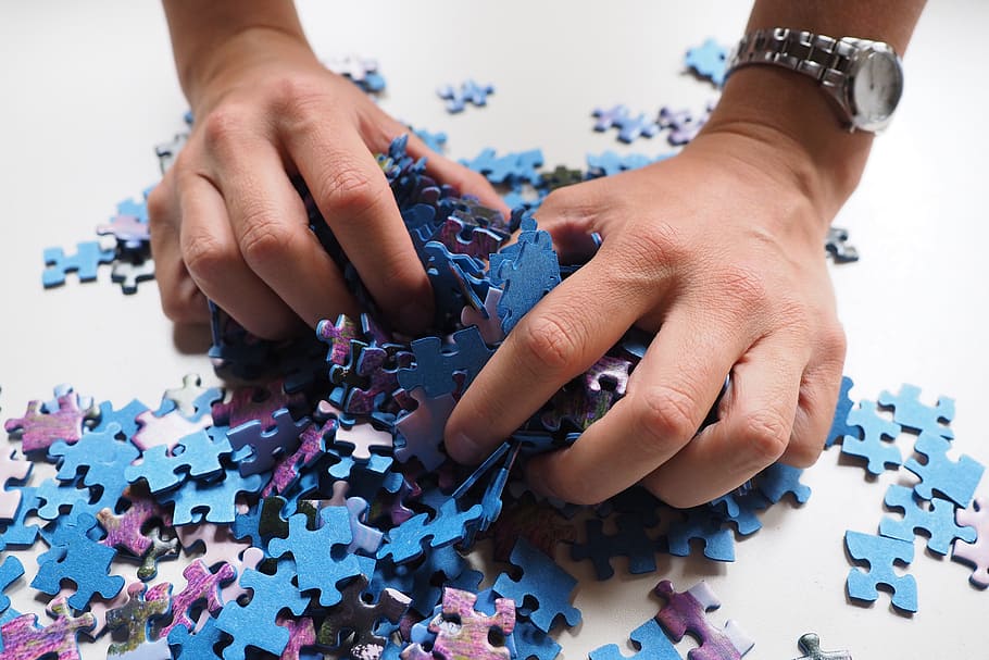 jigsaw puzzle, various, stress, stressed, human hand, hand, human body part, one person, jigsaw piece, indoors