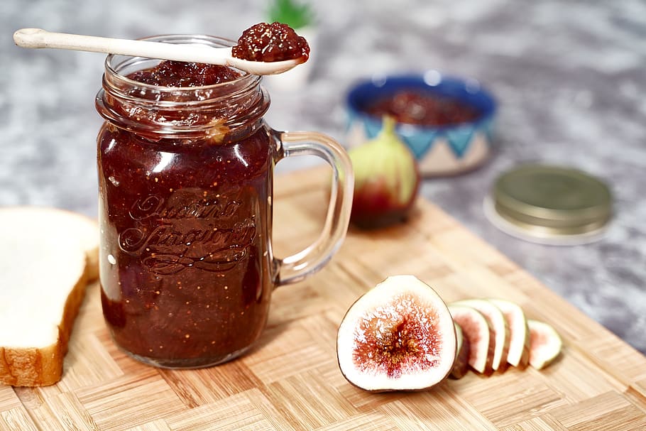 fig jam, figjam, fig, jam, food and drink, food, jar, table, freshness, container