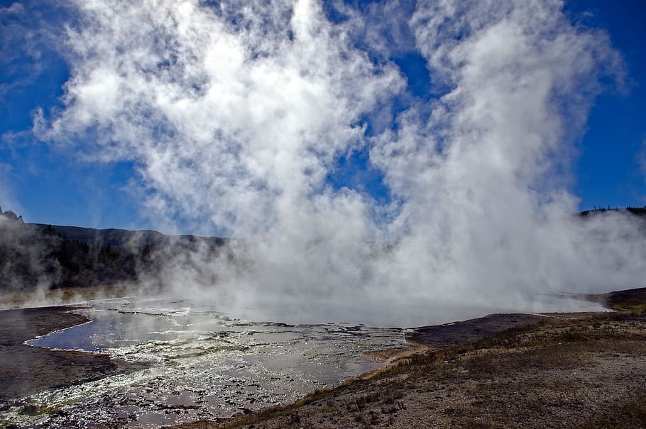 midway geyser basin vapors, geyser, pool, hot, yellowstone, national, park, wyoming, landscape, steam