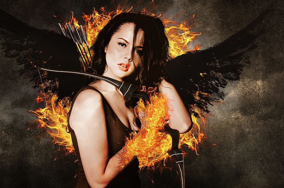 hungergame, girl, woman, pose, fire, portrait, burning, flame, one person, fire - natural phenomenon