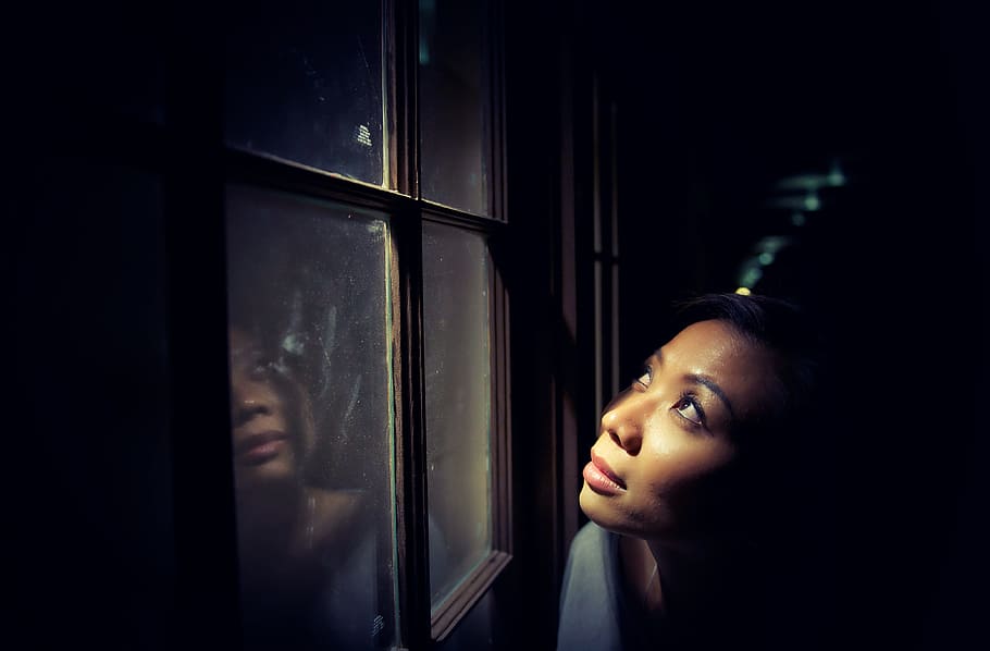 window, woman, girl, people, glass, pane, reflection, lookup, dark, night