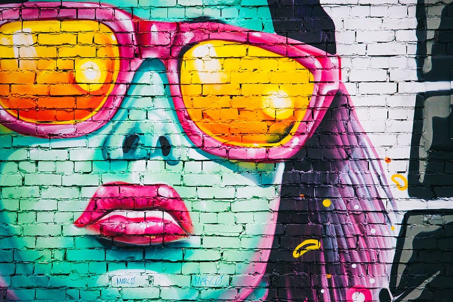 pared de graffiti, graffiti, arte de graffiti, cara, urbano, niña, mujer, gafas de sol, pared de ladrillo, artes