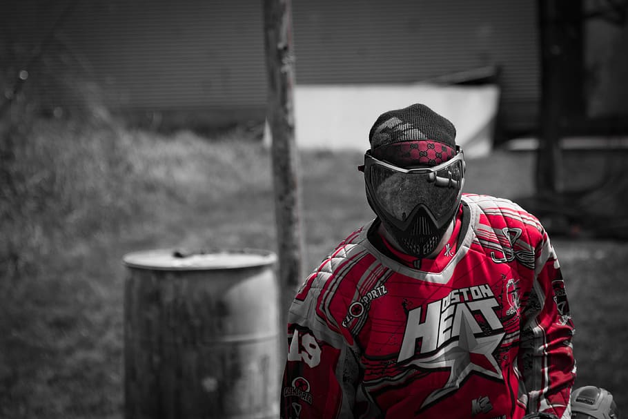 paintball, mask, red, fire, sport, player, paint, extreme, activity, team