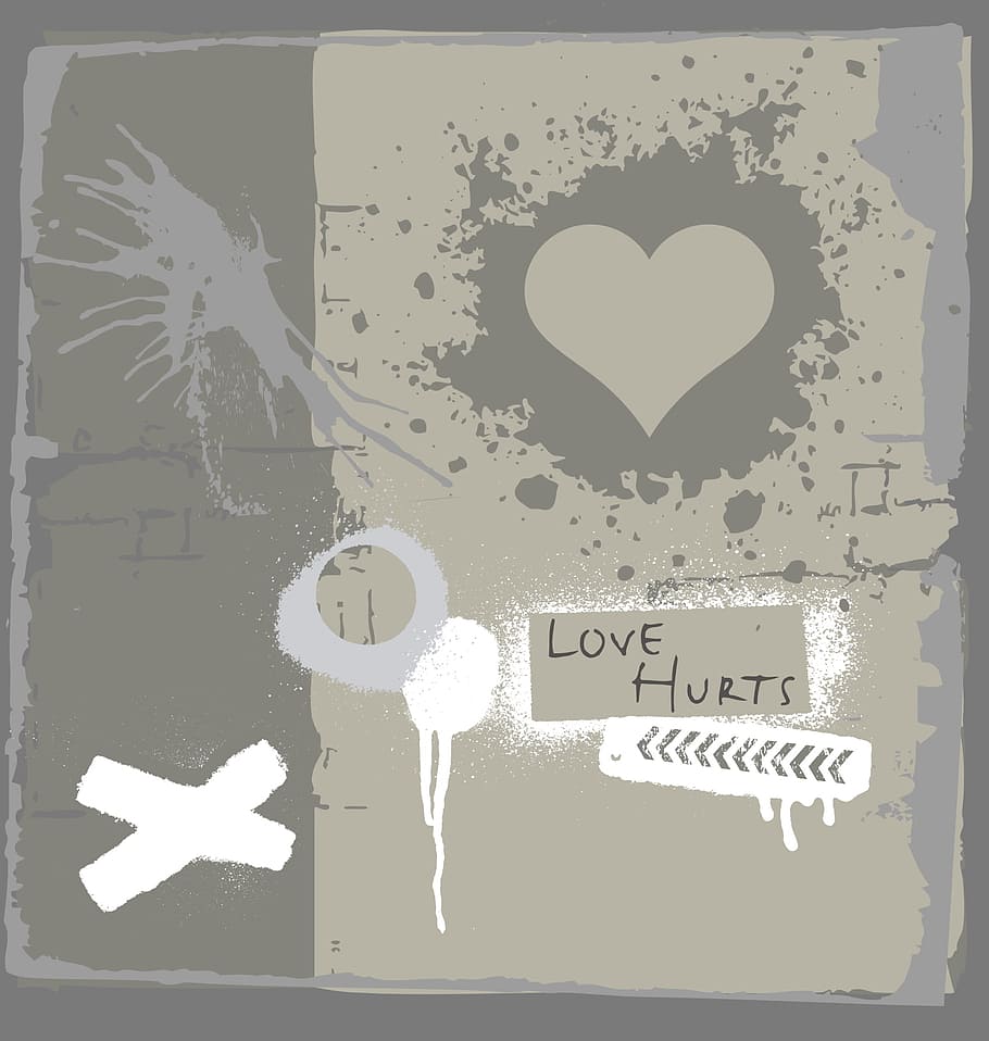 love, hurts, graphic, heart, gray, grunge, illustration, valentine, splatter, text