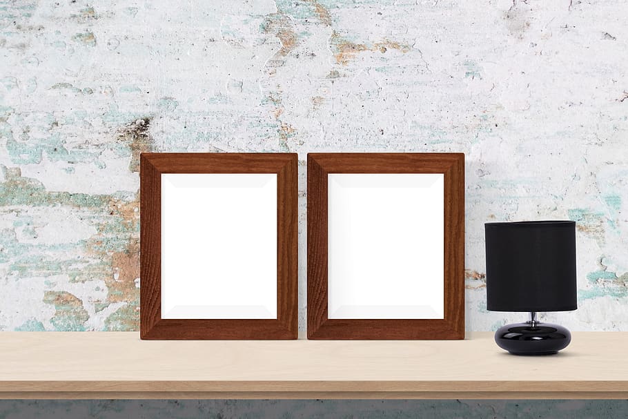 poster, frame, desk, lamp, indoors, wall - building feature, technology, blank, copy space, wood - material