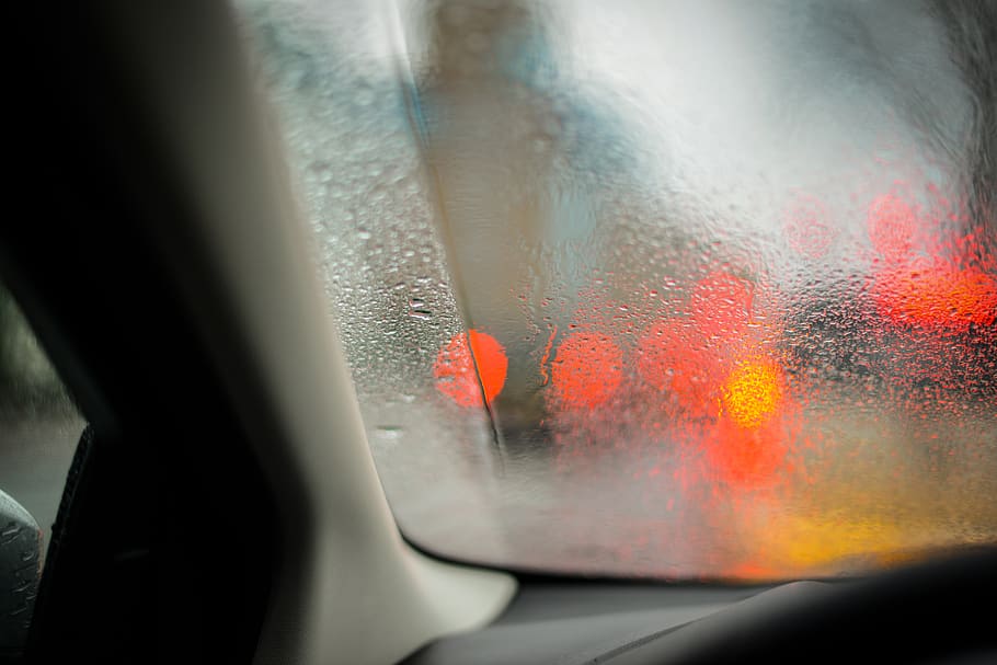 mojado, ventana, coche, luces, gotas, lluvia, agua, vidrio, clima, humedad