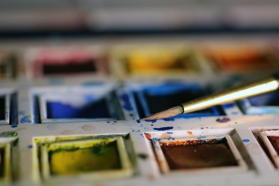 watercolours, paint, color, colors, blue, yellow, orange, red, red paint, orange paint