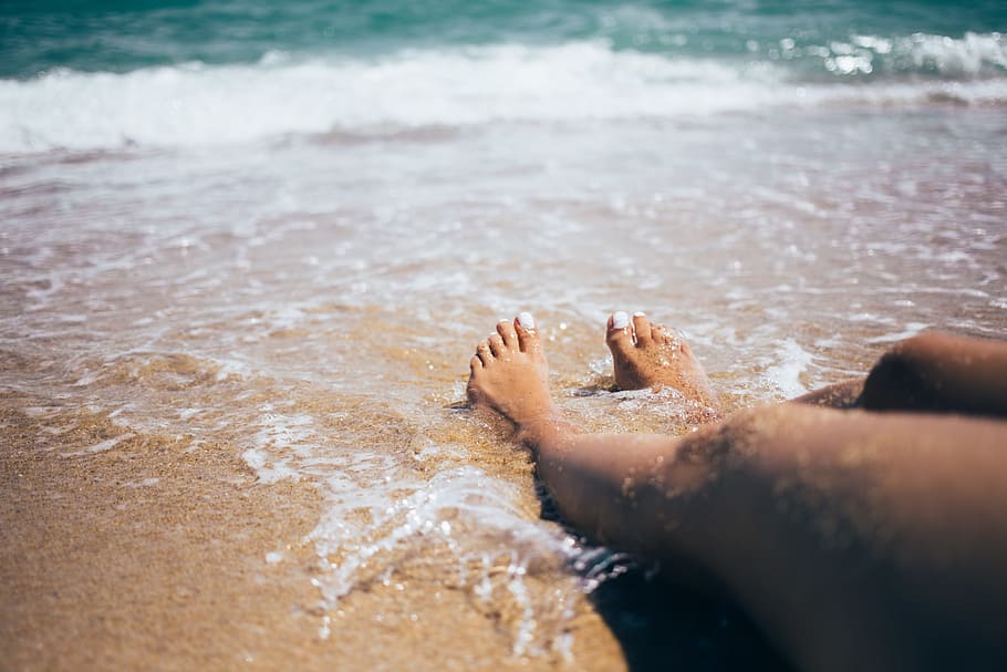 Arenoso, pies, playa, olas, fondo, 20-25 años, adulto, azul, vacaciones, océano
