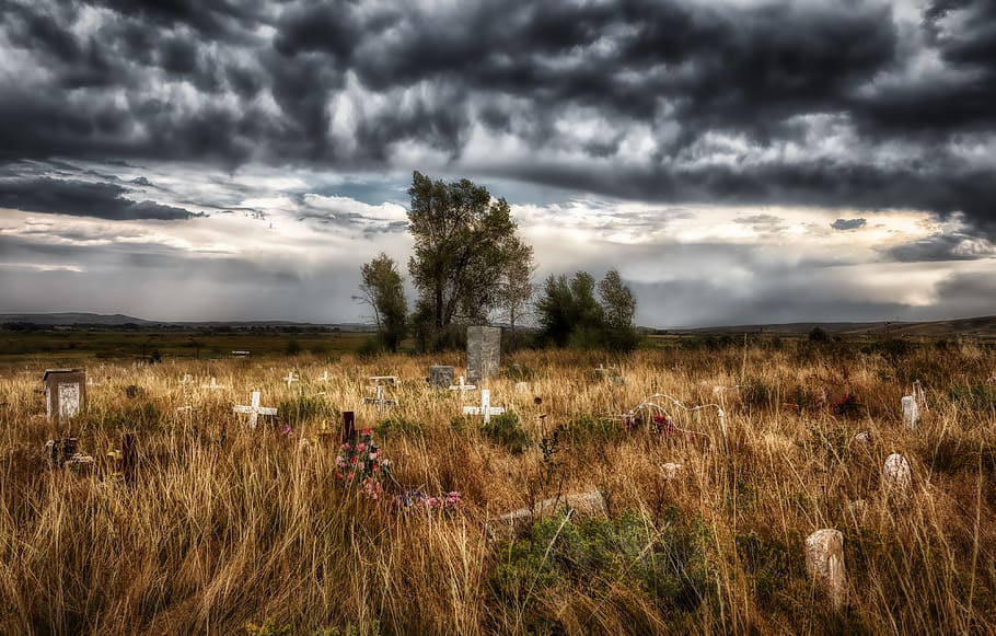 shoshone tribal cemetery, wyoming, america, graveyard, tombstones, landscape, sky, clouds, sunset, dusk