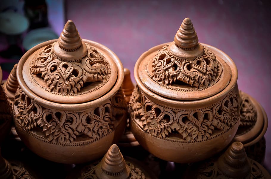 gaya tembikar thai, -, dua, pot, tembikar, thai, tradisional, seni, budaya, keramik